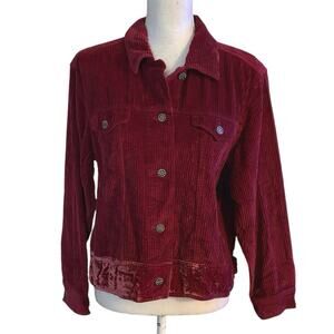 J Jill Size MP PM M Petite Corduroy Jacket Shacket Velvet Hem Cranberry